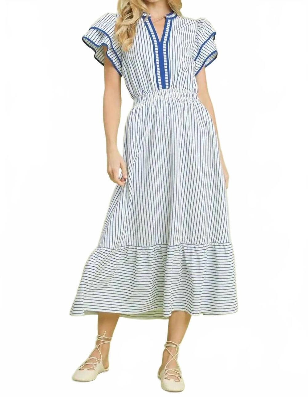 NEW UMGEE sky high striped flutter sleeve midi dress in blue